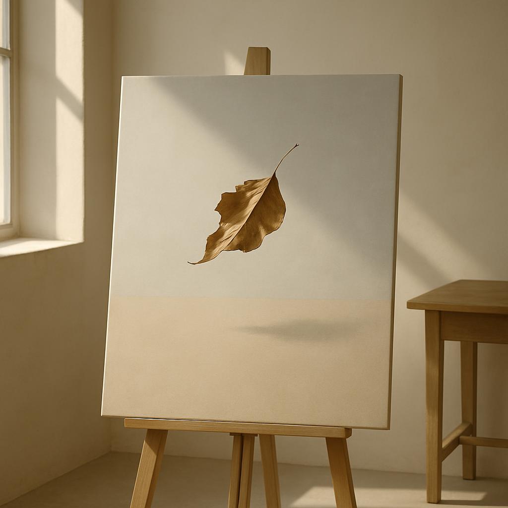 A painting of a falling leaf, depicted in a brown to beige gradient colour scheme, on a wooden easel; alongside a desk to ...
