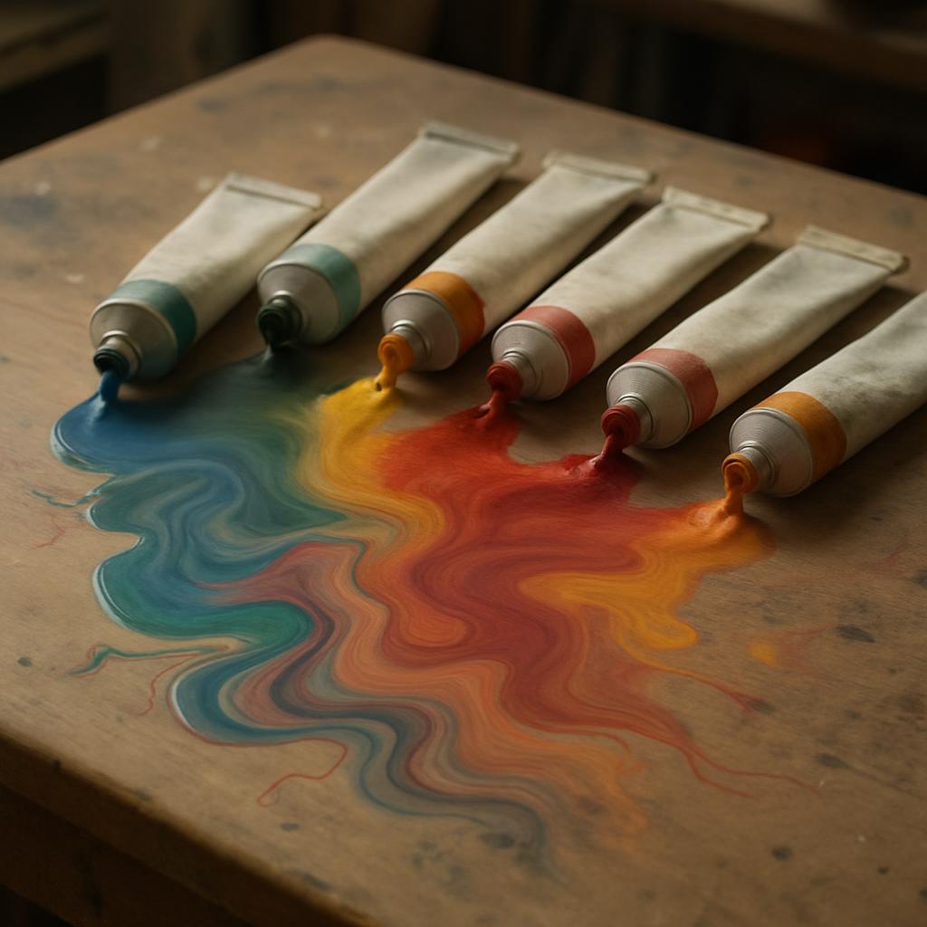 Five tubes of paint on wooden table with colors of left over after squeezing out, all tubes are facing forward with caps r...